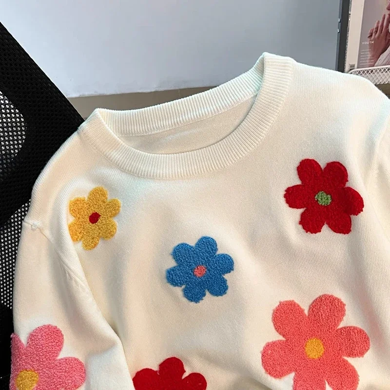 New Colorful Embroidered Sweater Autumn Winter 3D Flower Design Round Neck Long Sleeve Knitted Top Loose Fit