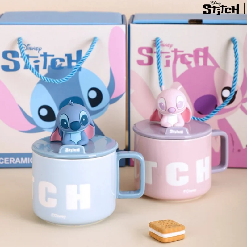 New Disney Cartoon Cute Image Stitch Angel Exquisite Ceramic Cup With Lid Couples Household Milk Coffee Mug Christmas Gifts