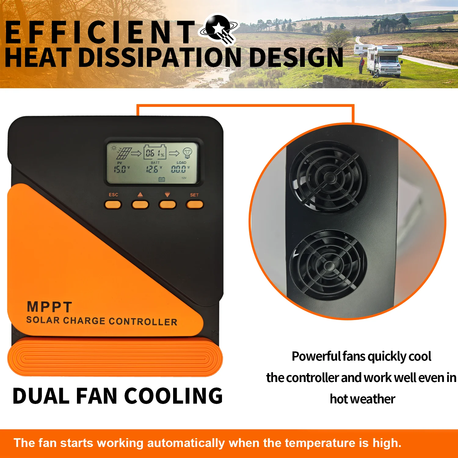 POWLSOJX Efficient MPPT Solar Controller: 40/60A, Versatile 12/24V Battery Compatibility, 18-100V Solar Input, Dual Cooling Fans