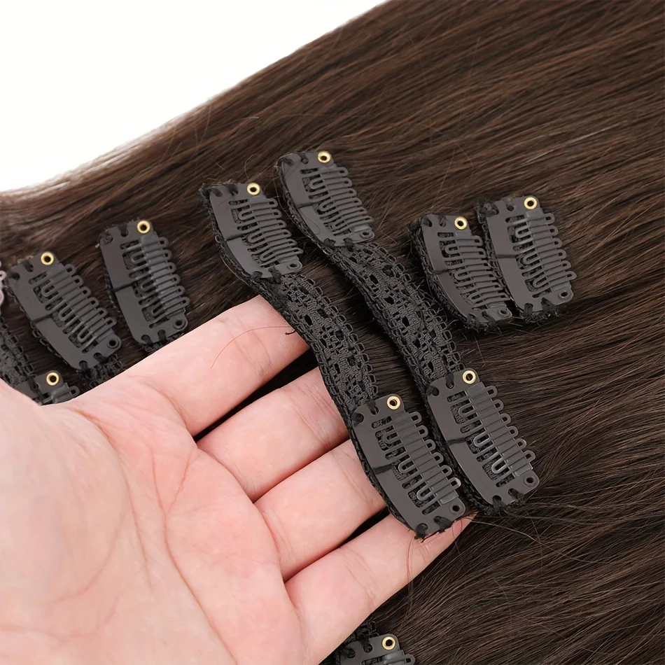 Clip nelle estensioni dei capelli 8 pz/set lisci veri capelli umani 2 # marrone scuro senza cuciture trama della pelle Clip-On posticci 14-26 pollici