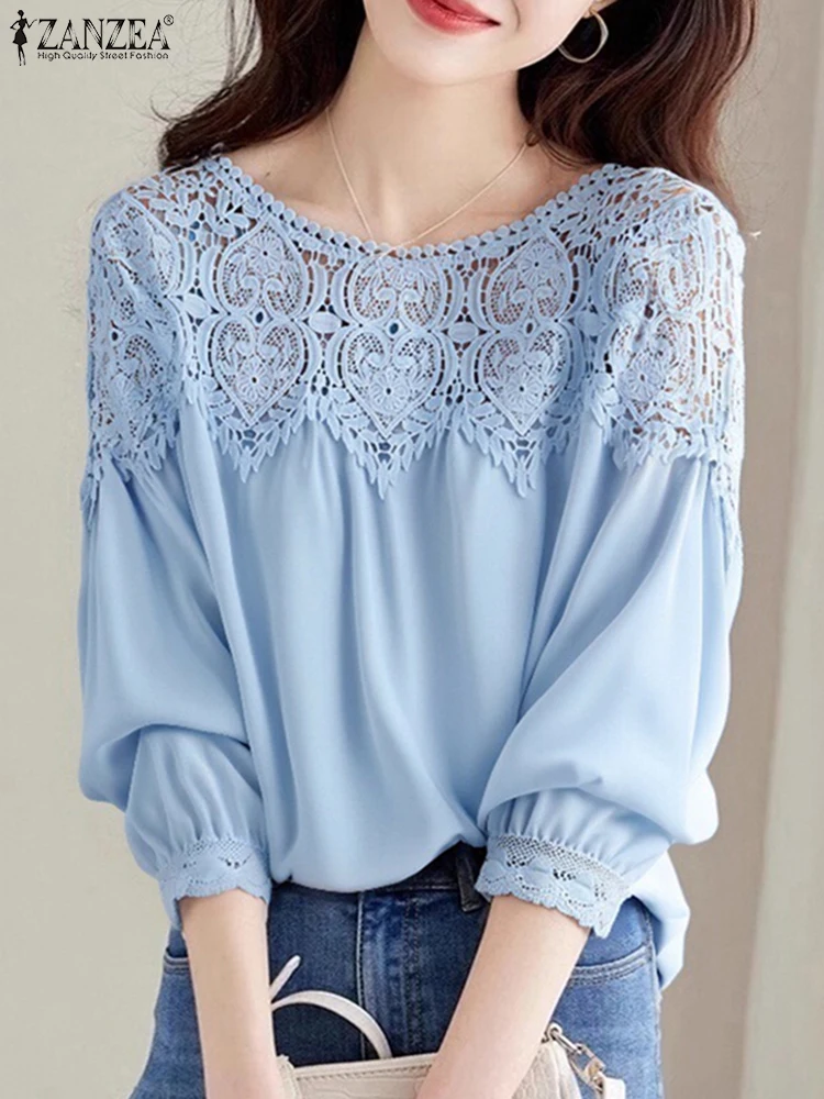 

ZANZEA Women Summer Office Blouses Fashion Lace Shirts 2025 O-Neck Casual Loose Tunic Tops 3/4 Sleeve Elegant Blusas Femininas