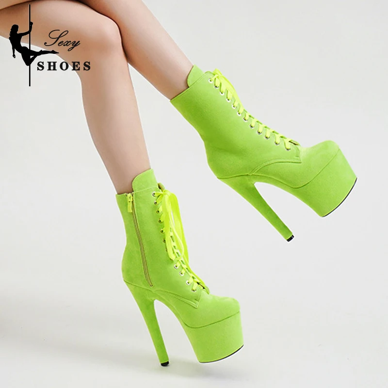 New Strip Ankle Boots 17cm/7Inch Pole Dance Shoes Catwalk Suede Heels Platform Women Short Boot Booties Lace-up Lady Knight Boot