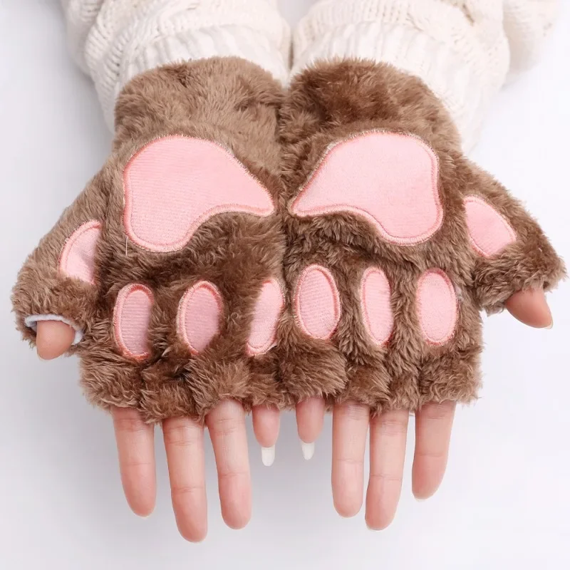 Miękkie, ciepłe, pluszowe rękawiczki bez palców Flip Half Finger Mittens Women Winter Cute Cat Paw Fluffy Glove Fashion Kawaii Accessories