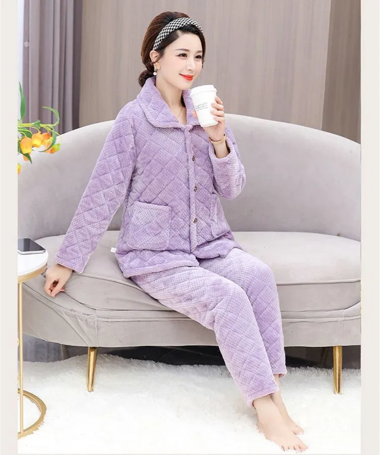 Women Pajamas Set Flannel Winter Sleepwear Kawaii Female Nightwear Pyjamas Warm Thick Coral Velvet Long Sleeve Home Pijamas Set