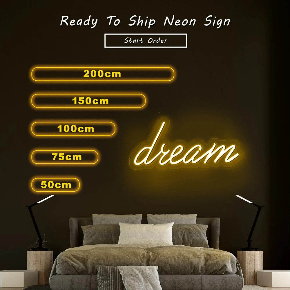 Dream Text Neon Light Signs, Transparent Acrylic Neon Bulb, Wall Hanging, Wedding Party, Room Decoration, Cool Neon LED Lights