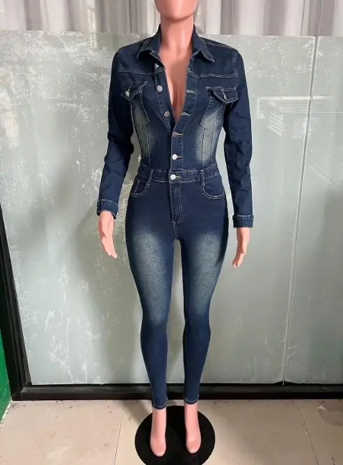 จั๊มสูทเดนิมทรงเข้ารูปเอวสูงสไตล์เรโทรแฟชั่นฤดูใบไม้ร่วง ติดกระดุมหน้า ปกเสื้อแบบปกเชิ้ต สำหรับผู้หญิง จั๊มสูทเดนิมสุดฮิตสไตล์ไฮสตรีท