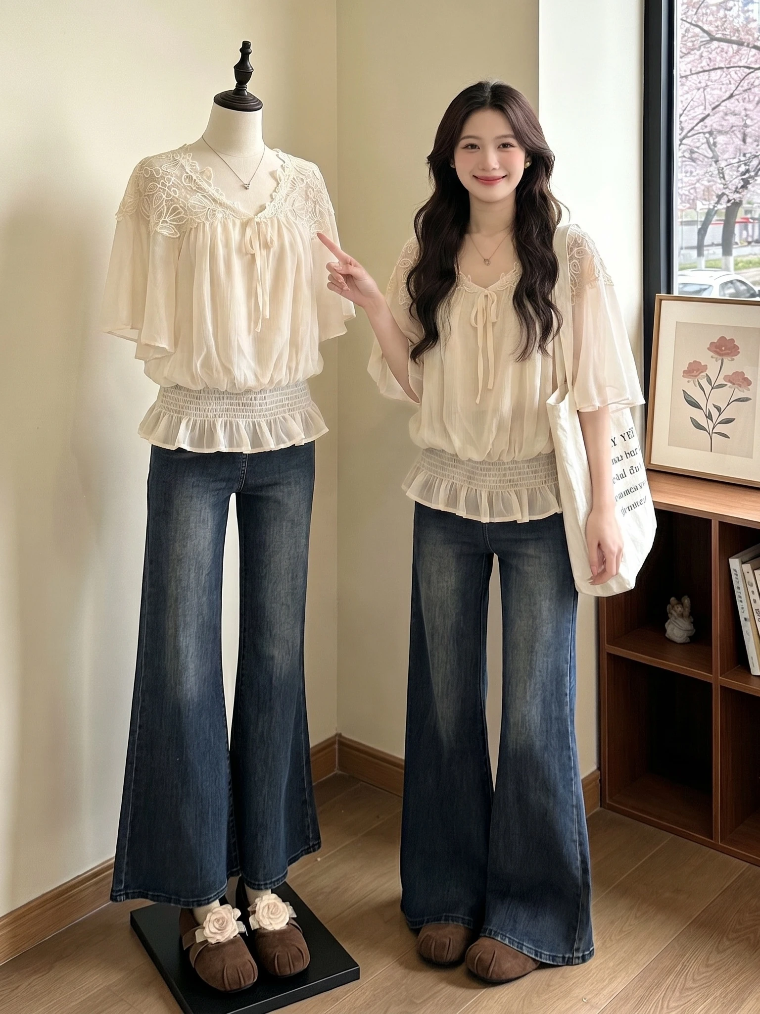 

Lace Hook Flower V-Neck Shoulder Length Chiffon Top Women's plus Size Beautiful Small Shirt Waist in Summer New Style