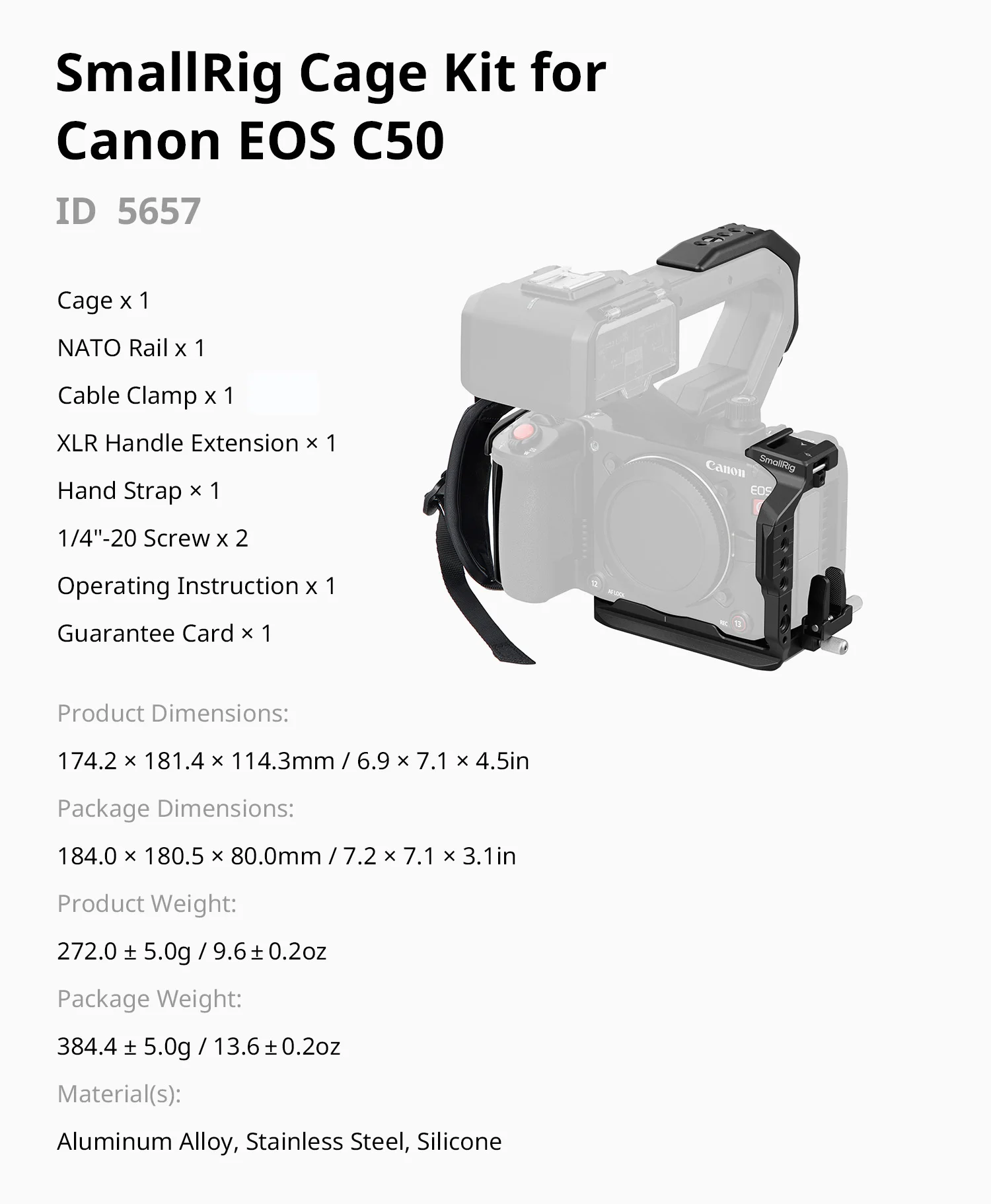 SmallRig Cage Kit voor Canon C50 met XLR-handgreepverlenging, cameracage met cold shoe kabelklem en snelkoppelingsplaat voor Arca