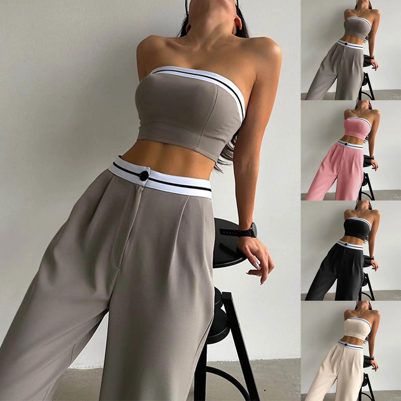 Women\'s Sexy And Fashionable Pants Set Spring/Summer Spicy Girls Sports Tube Tops High Waist Wide Leg 2 Piece Pant Suit S-2xl