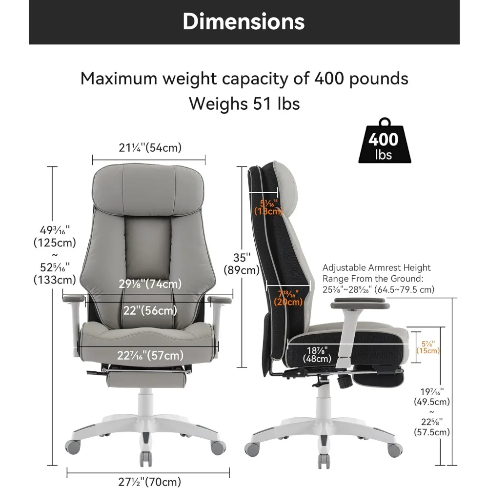 Kursi kantor ergonomis dengan sandaran tinggi untuk orang besar dan tinggi, menopang hingga 400 lbs dengan sandaran kaki dan bantalan pegas ekstra tebal