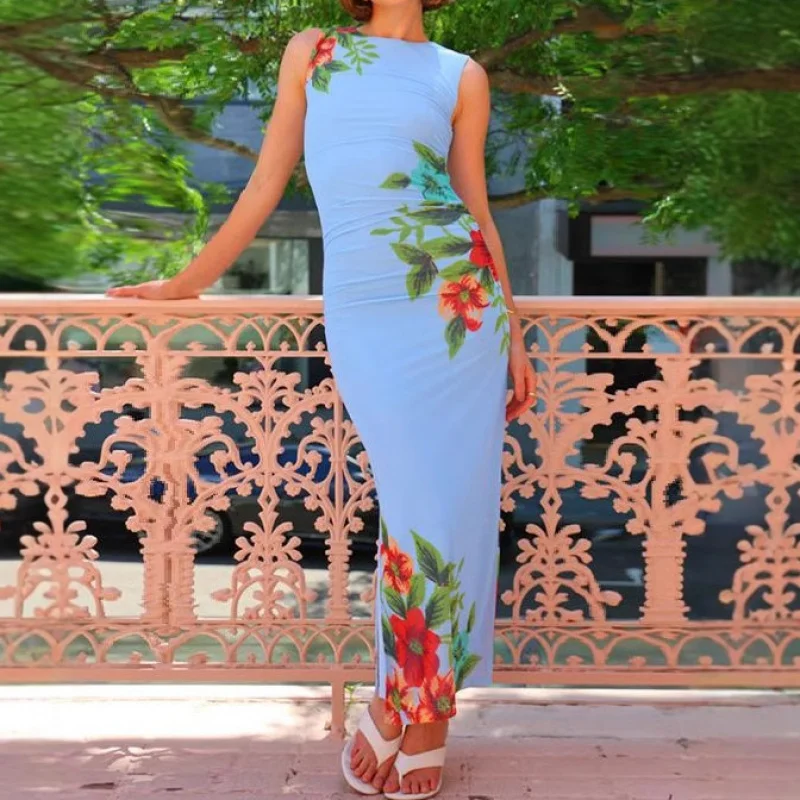 

Wind2025Summer Women's New Sexy Round Neck Floral Print Slim Fit Long Dress