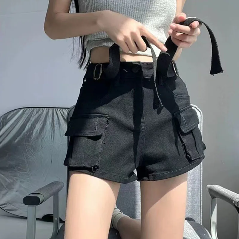 Y2K High Waist Denim Shorts Women Fashion Korean Big Pocket Cargo Shorts Female Streetwear A-Line Wide Leg Jean Short Pants