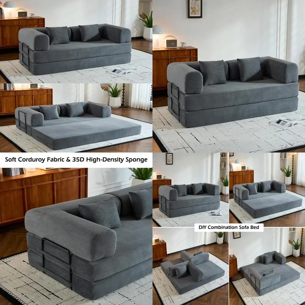 أريكة سرير قصيرة حديثة قابلة للتحويل مع إطار ثابت، سرير أريكة مريح قابل للطي مع وسادتين، أرضية مثالية #1