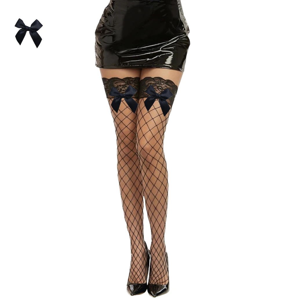 Stay Up Non-slip Silicone Stockings Lace Black Bowknot Mesh Socks Plus Size Lingerie for Women's Thigh High Stockings
