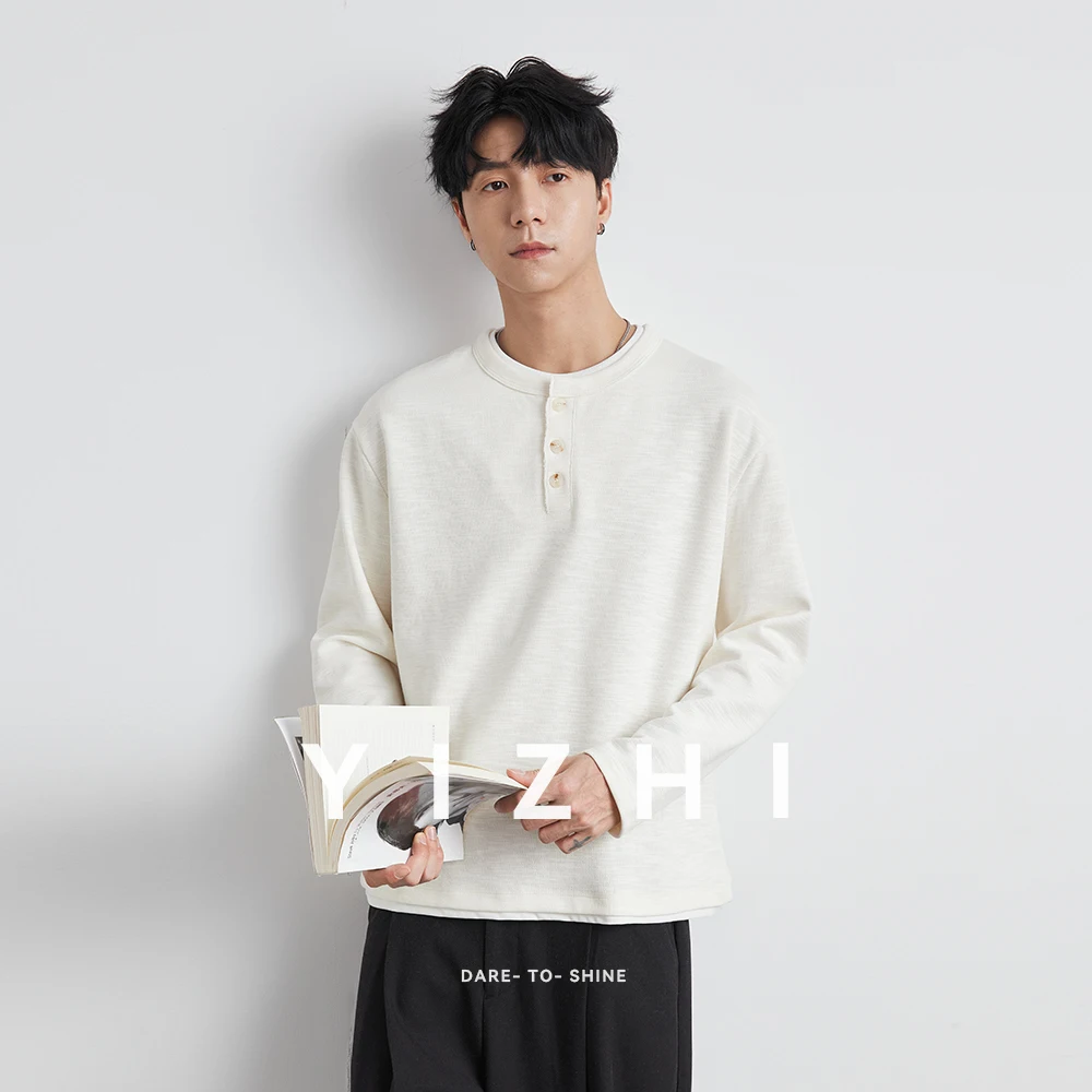 Men Henry Collar Fake Two-Piece Long-Sleeved T-Shirt 2025 Spring and Autumn New American Retro Loose Underwear Long-Sleeved Top - Image 2