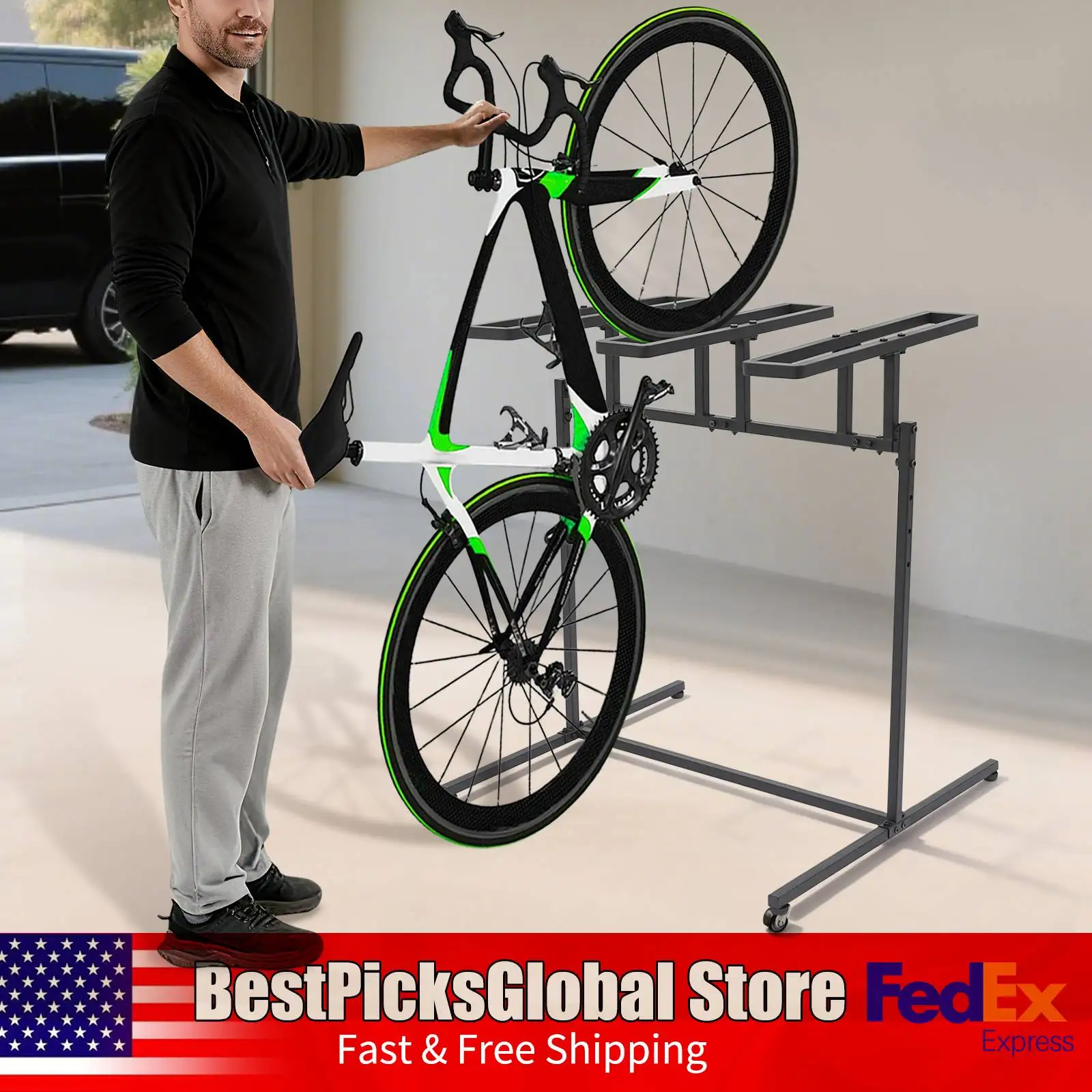 

3-Slot Metal Bike Organizer Stand, Black, Height Adjustable Bicycle Parking Rack for Bicycle Repair Shops