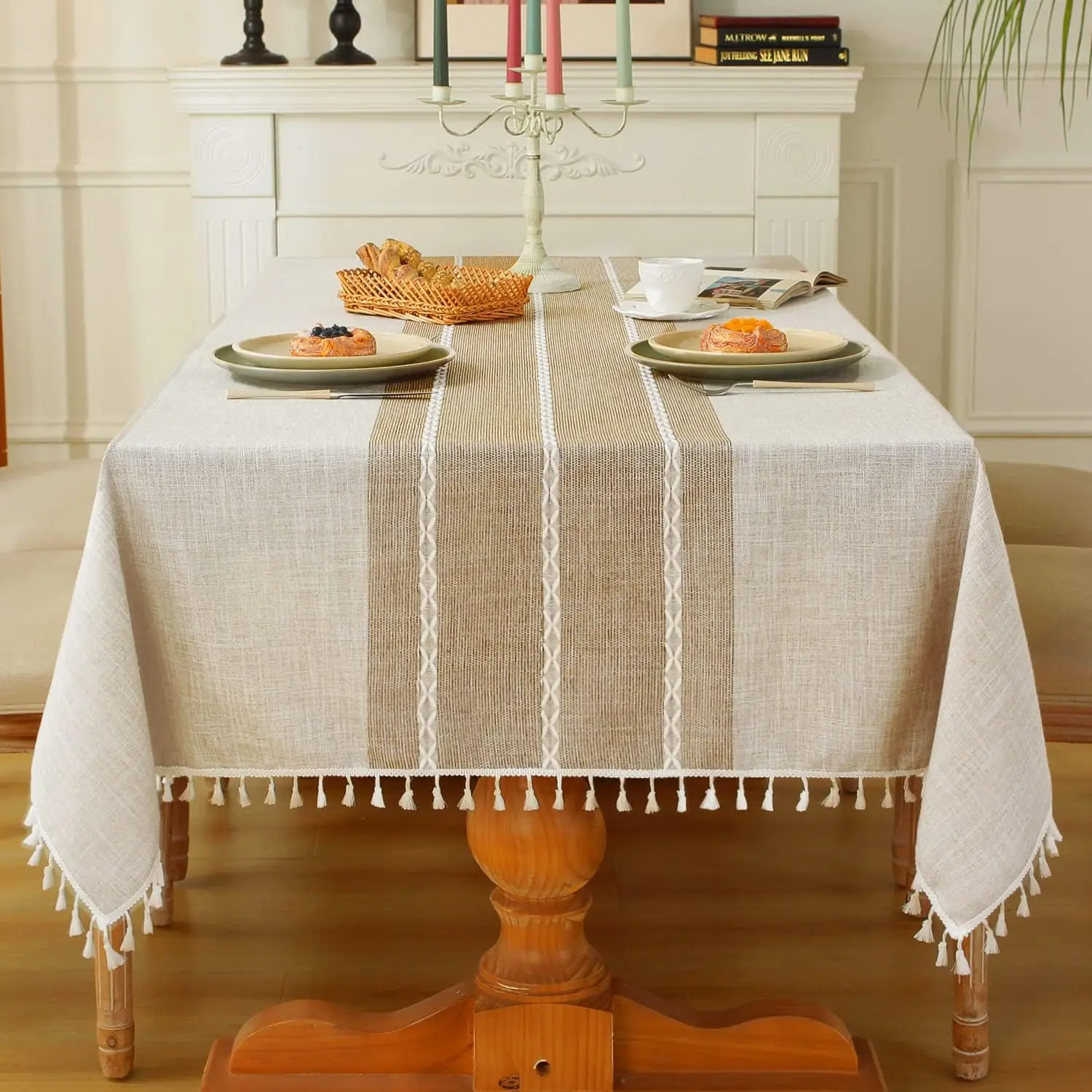 

Rectangle Cotton Linen Tablecloth With Elegant Tassels Waterproof Burlap Table Cloth for Kitchen Dining Cafe 55''x70'',4-6 Seat