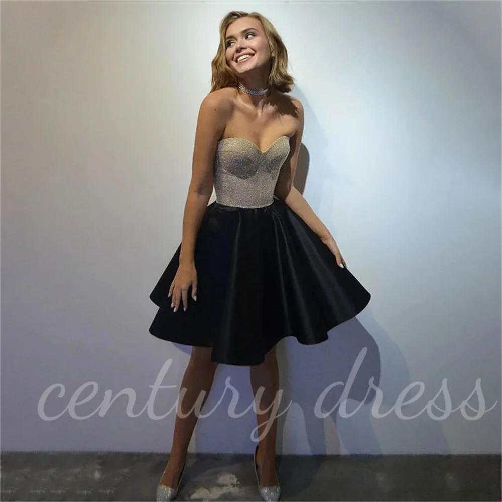 

Black Short Mini Prom Dresses Shinny Charming Evening Dress A Line Satin Homecoming Gowns Sweetheart Custom فساتين حفلة موسيقية