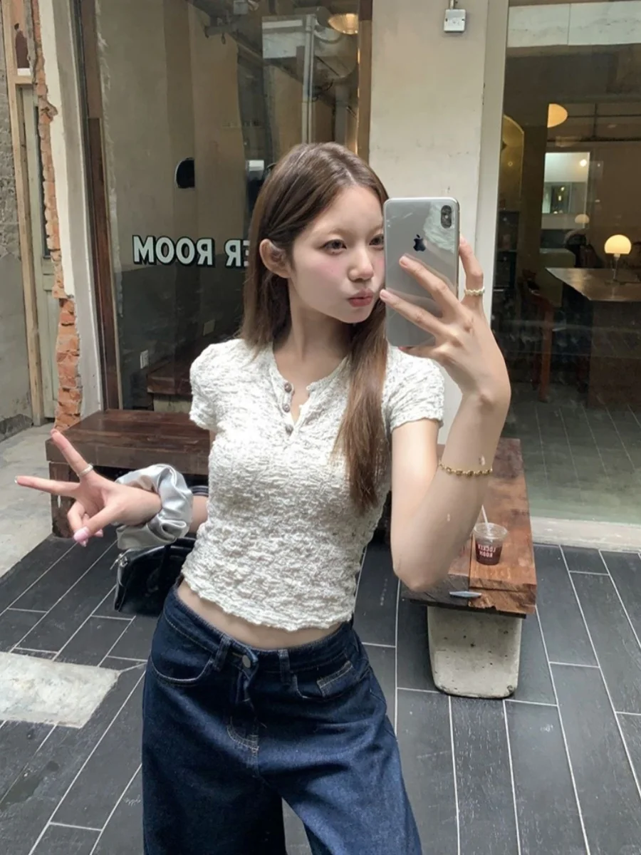 Camiseta Texturizada Plegada para Mujer, Corte Ajustado, Verano, Nueva, Estilo Informal, Talla Única