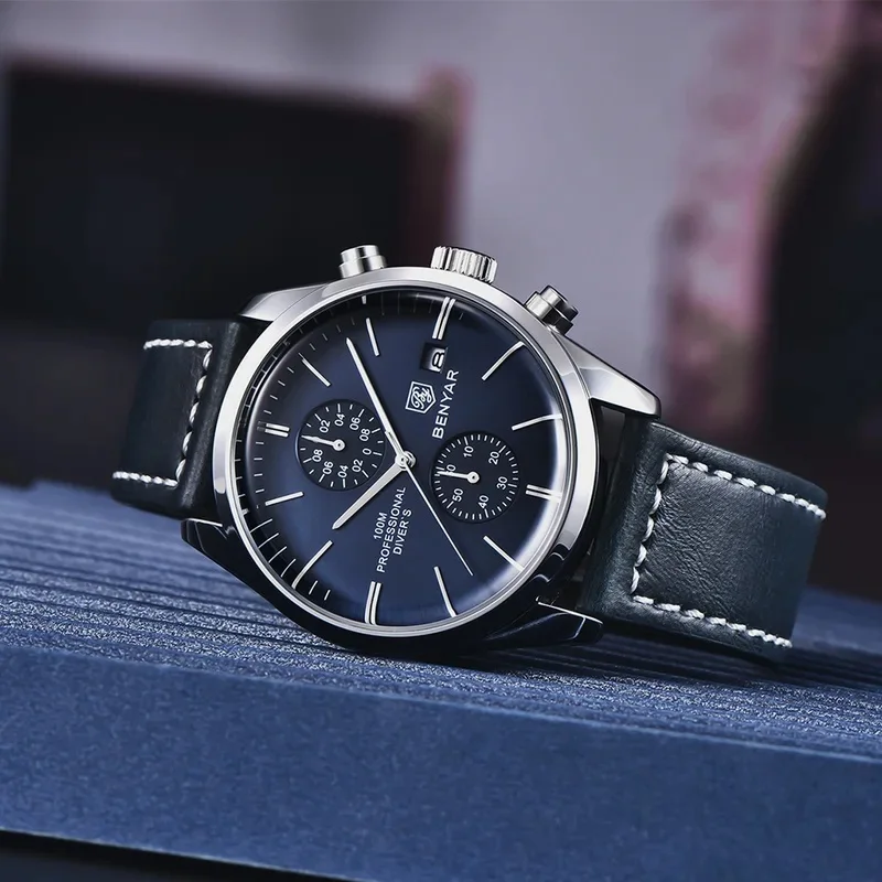 BENYAR Leather Men Quartz Wristwatches Luxury Brand 100M Waterproof Men Watch Military Sports Chronograph Watch For Men New