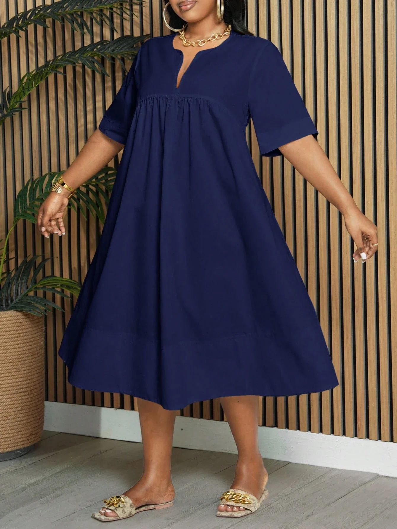 

Свободное платье больших размеров темно-синего цвета с короткими рукавами и вырезом на горловине, А-силуэт, длина до колена, для женщин, весна-лето