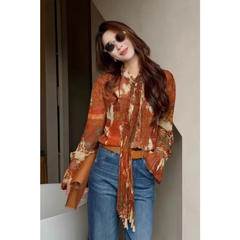 2025年秋 ハイエンド フランス風 トップニッチデザイン レースアップ プリントシフォン 長袖シャツ