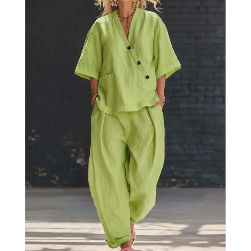 

Women's Solid Hot Style Two-piece Set Summer Fashion Button Up Cardigan Top+wide Leg Pants Suit Ladies V-neck Top Office Outfit