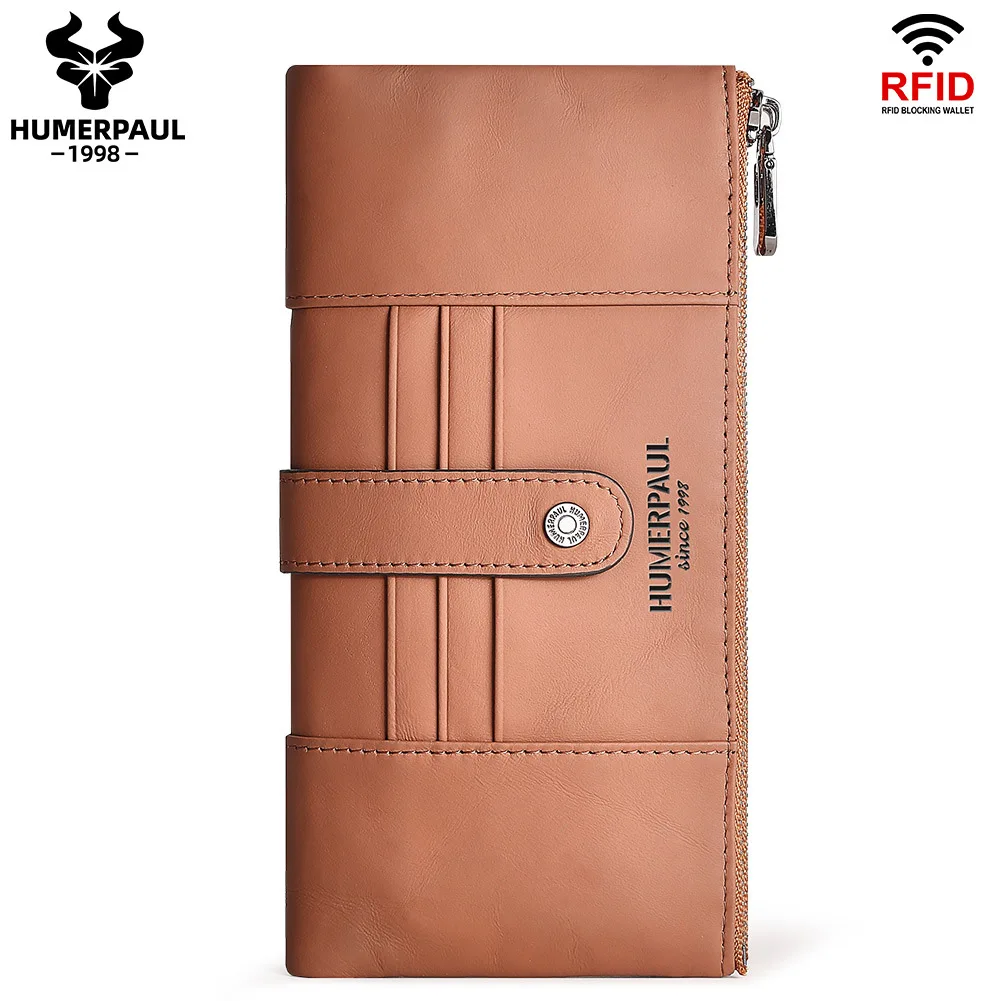 Real leather zipper ladies purse long double zipper large capacity mobile phone storage RFID multi-card handheld purse