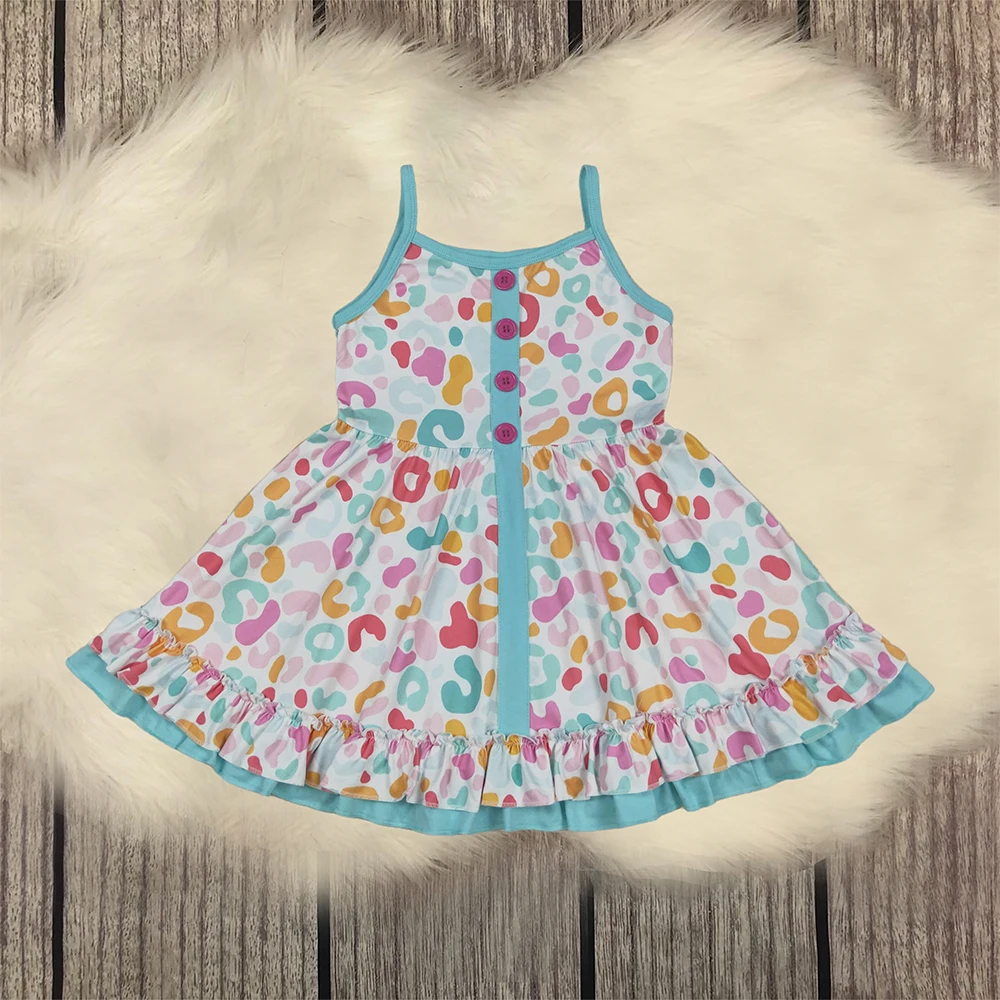 

Wholesale New Girls Dress Fashion Baby Girls Knit Strap Colorful Leopard Button Knee Length Dresses Boutique Kids Children Dress
