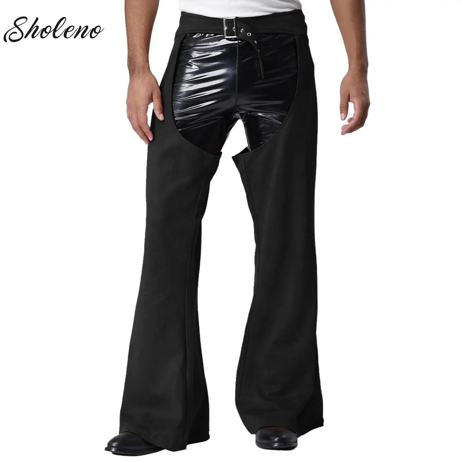 الرجال كاوبوي السائق السراويل خمر الجلد المدبوغ ركوب الدراجات النارية واسعة الساق السراويل الطويلة Steampunk هالوين رعاة البقر فستان زي الحفلات #1