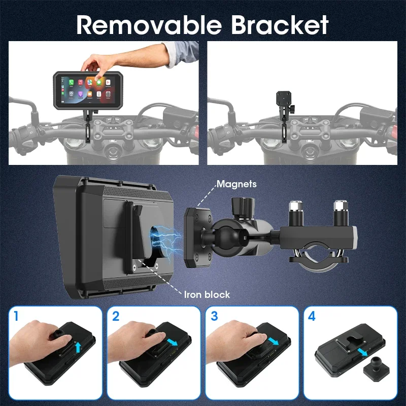 5/6.25 인치 오토바이 Carplay 모토 DVR 지원 4K + 1080P 듀얼 렌즈 GPS 네비게이션 무선 Carplay 안드로이드 자동 IPX7 방수