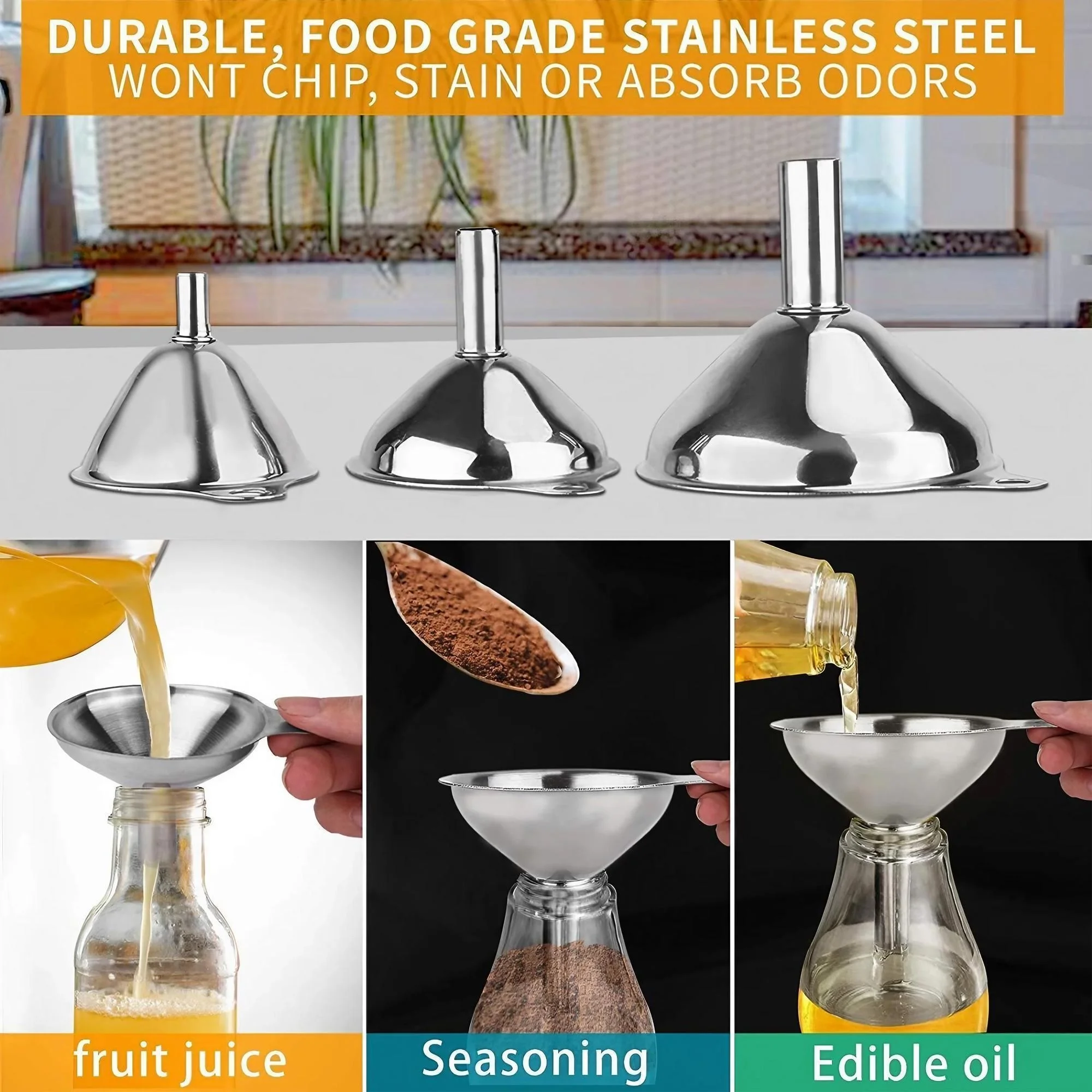 1Set 3Pcs Stainless Steel Mini Funnel Set Ideal for Oil Wine Liquid Dispensing Integrated Distributor