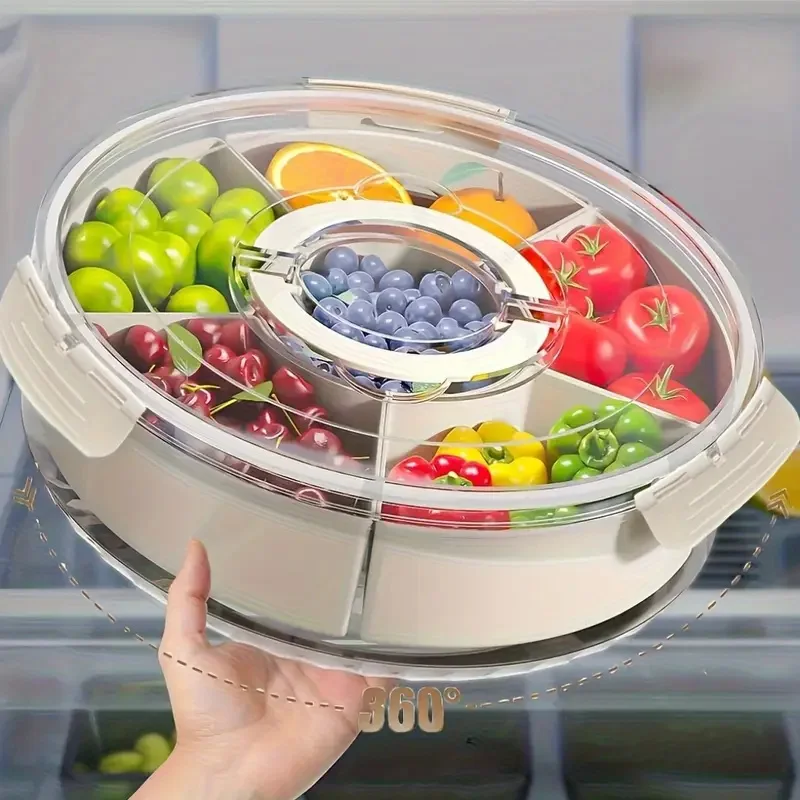 

Divided Rotating Serving Tray with Lid and Handle, Portable Snackle Box for Fruits Snacks Veggie Charcuterie, Clear Snack Spinne