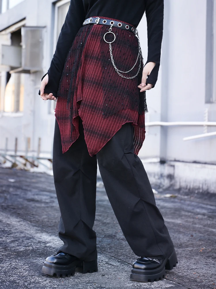 

Bandage Dress Culottes Design Sense Fake Two Pieces Red and Black Irregular Stitching Casual Pants