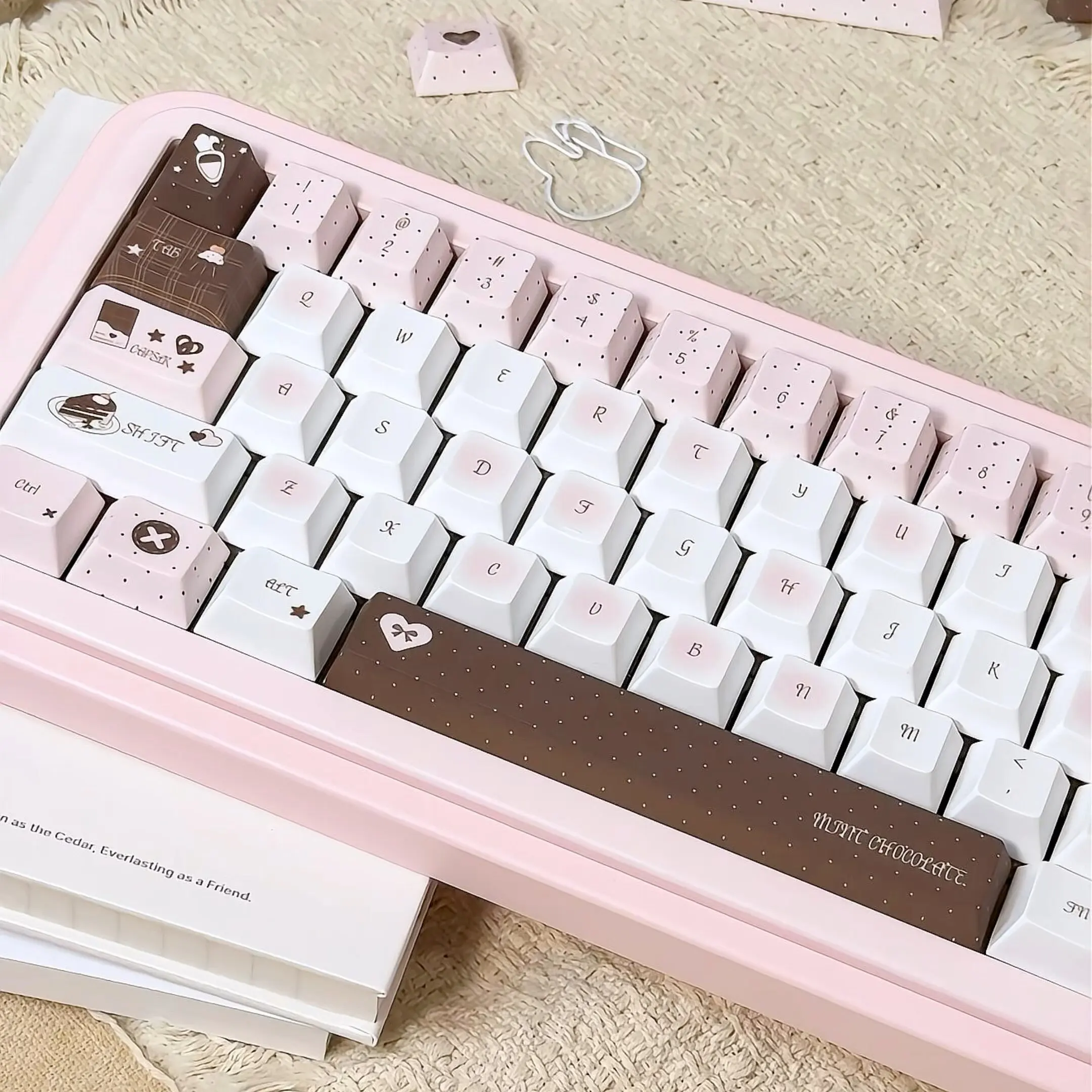 MAIMOOO Strawberry Chocolate Keycap Cherry Profile PBT Custom Pink Brown Cute Dessert Keycaps for MX Switch Mechanical Keyboard