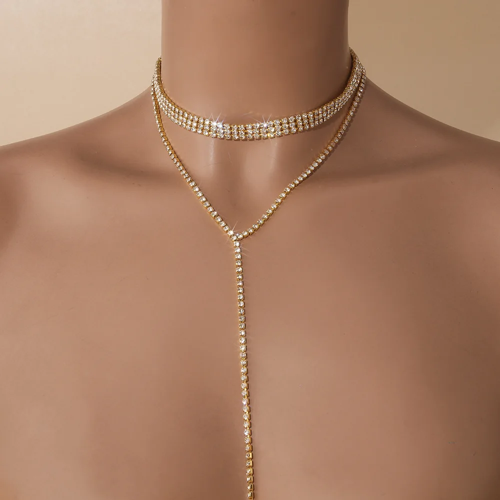 Fashion Full Rhinestone Chain Choker Necklaces for Women Long Tassel Chocker Simulated Crystal Collar Party Jewelry for Women