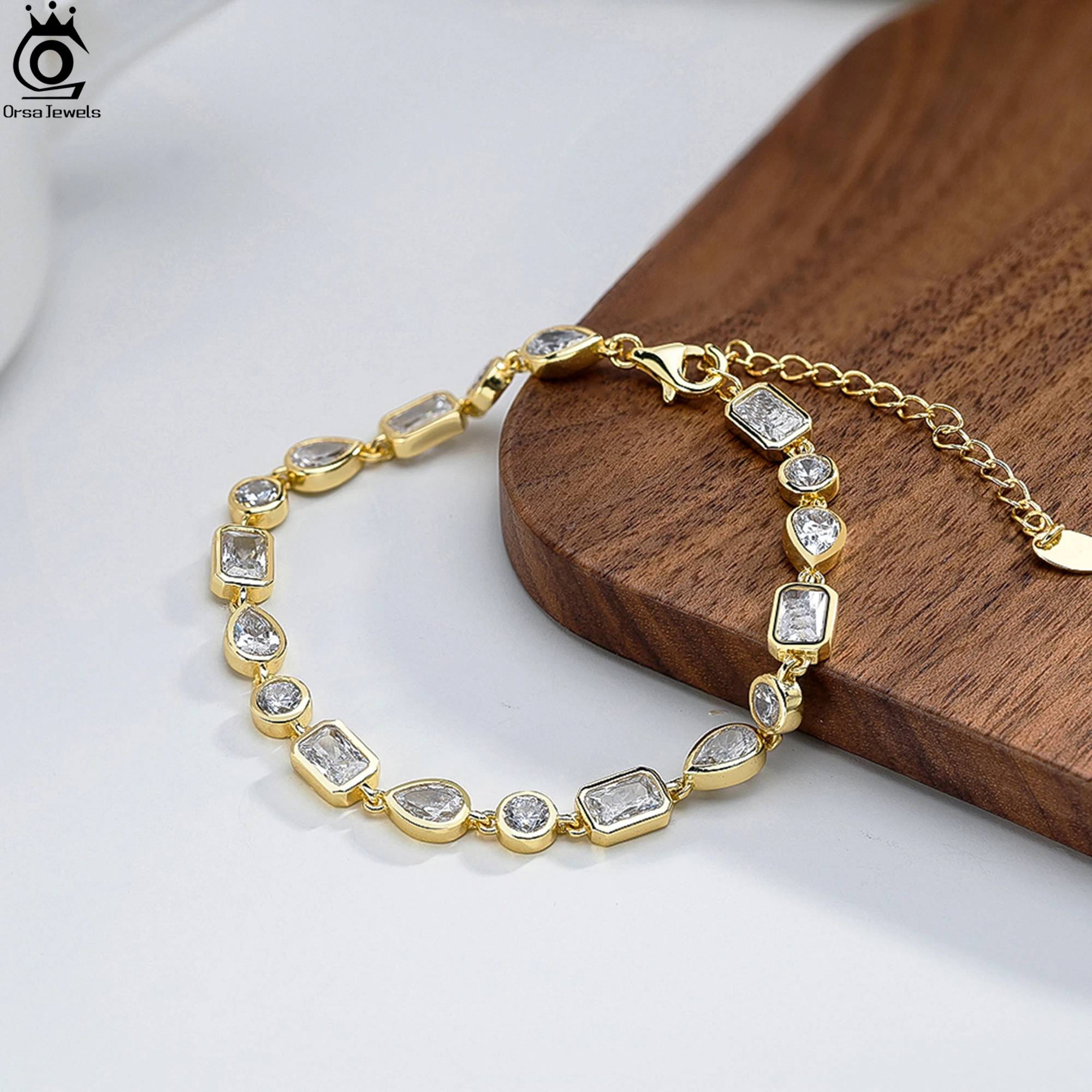 

ORSA JEWELS S925 Серебряный теннисный браслет-цепочка с квадратными, овальными и каплями воды, циркониевая нить, ручные украшения, подарок для нее SB213