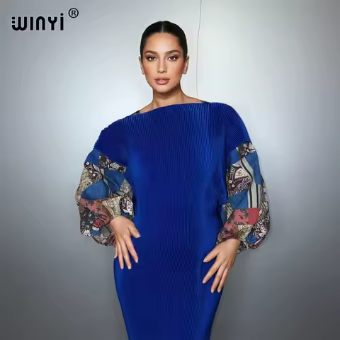 WINYI Pleated elastic slim dress Women crumple Design Loose boho robe Maxi Femme Vestidos holiday Elegant evening dress abaya