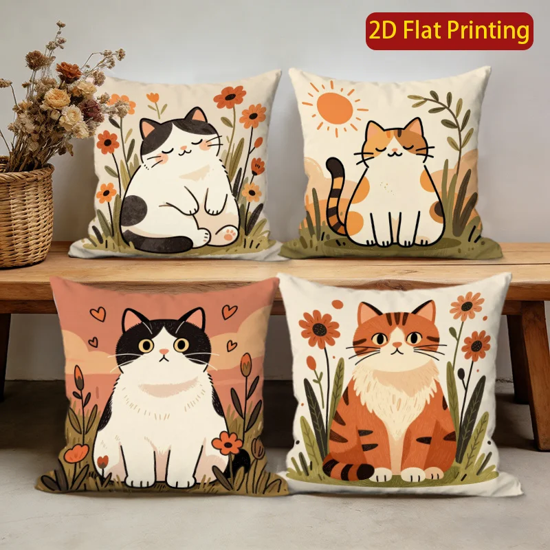 4Pcs Boho Cat Throw Pillow Covers, Adorable Kitten Cushion Cases with Floral and Nature Scenes for Bedroom Sofa Couch Home Decor