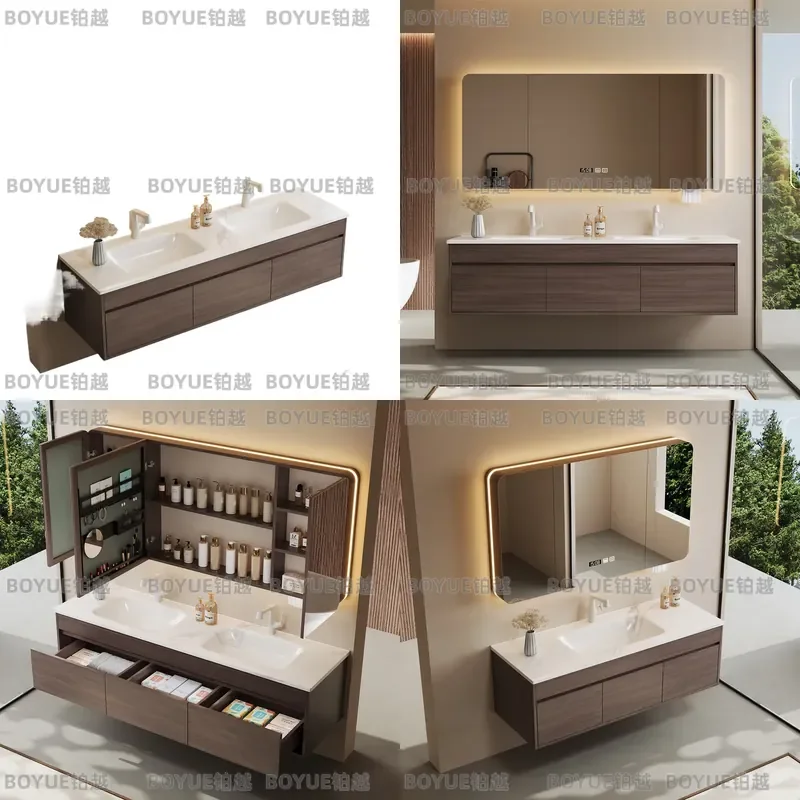 for Medieval Style Red Oak Paint Bathroom Cabinet with Rock Slab Hot Bending Integrated Ceramic Double Washbasin Combination