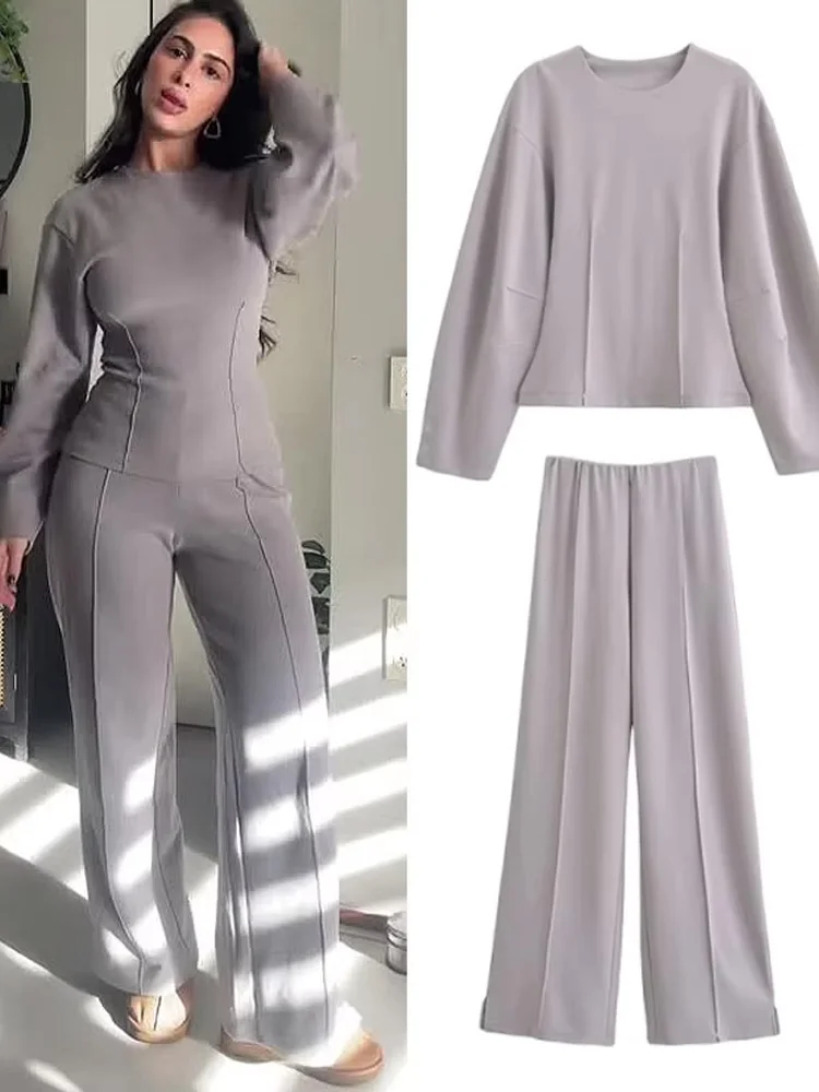 HH Women's New Fashion Slimming 2-Piece Set Double-Sided Fabric Round Neck Long-Sleeve Top+Elegant Stretch Casual Long Pants