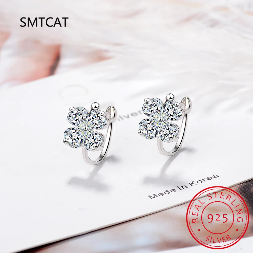 925 Sterling Silver Created Moissanite Gemstone Diamond Four Leaf Clover Ear Cuff Clip Earring Wedding Fine Jewelry Wholesale