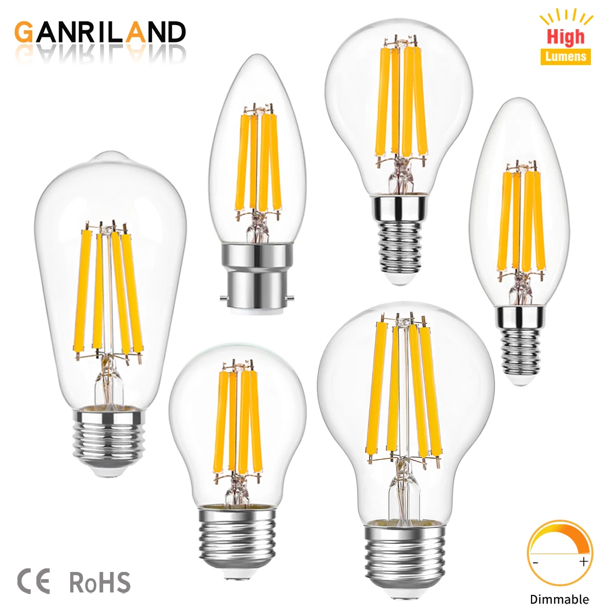 GANRILAND-bombillas de filamento LED Edison, bombillas colgantes de 6,5 W, 12W, alto Lumen, 1521m, E14, E27, B22, Base 220V, 2700K, ST58, G45, C35,