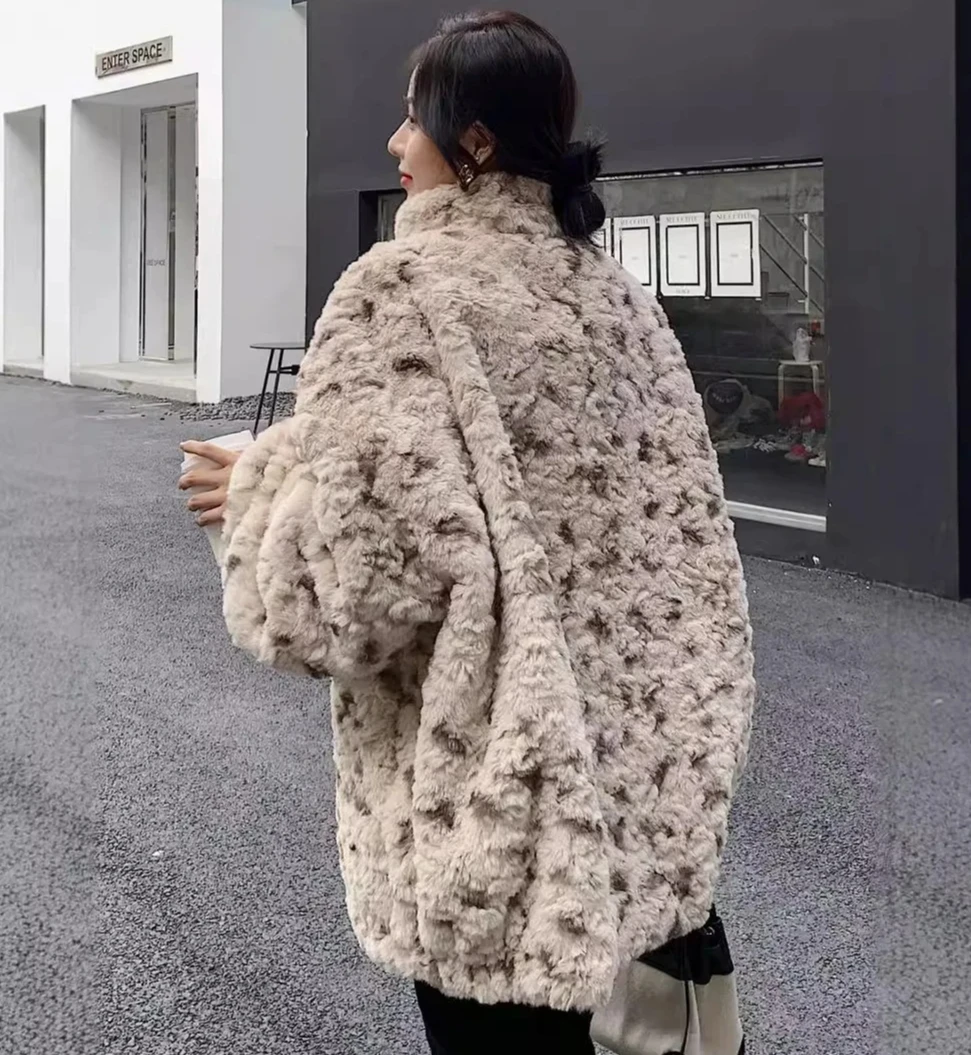Leopard Print Faux Fur Jacket for Women Thick Turn-Down Collar Coat Streetwear Zipper Outerwear Autumn Winter Warm