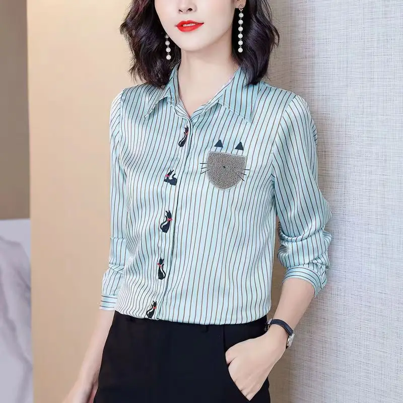 

Ele Blue Striped Women's irt Long Sve Embroidery Design Commute Sle Regular Fit irt Autumn New Arrival
