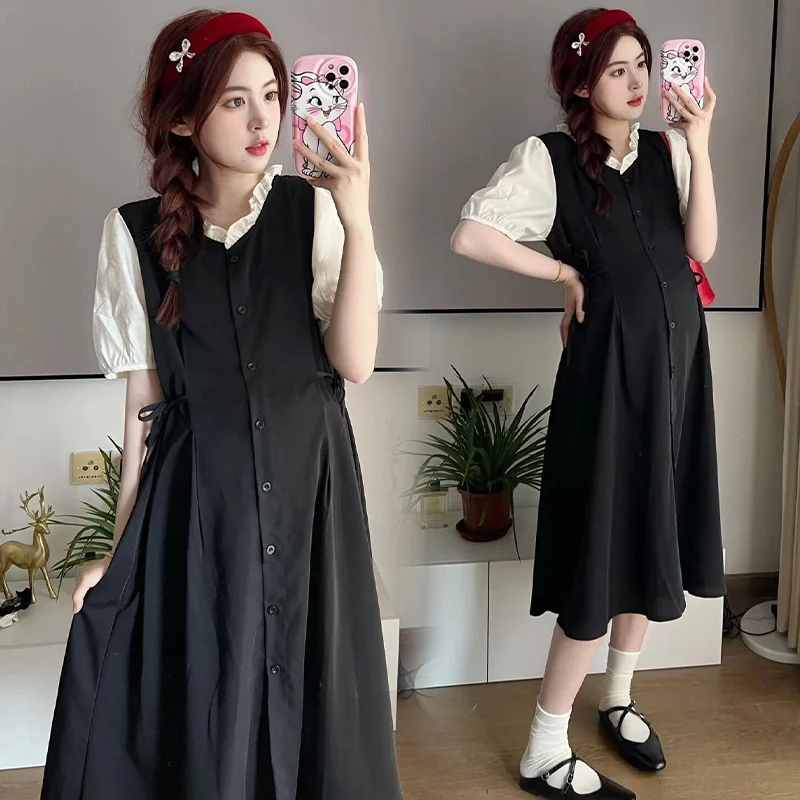 

Summer Korean Style Loose Maternity Dress Button Fly V-Neck Short Sleeve Pregnant Woman Chiffon Dress Plus Size Pregnancy Dress