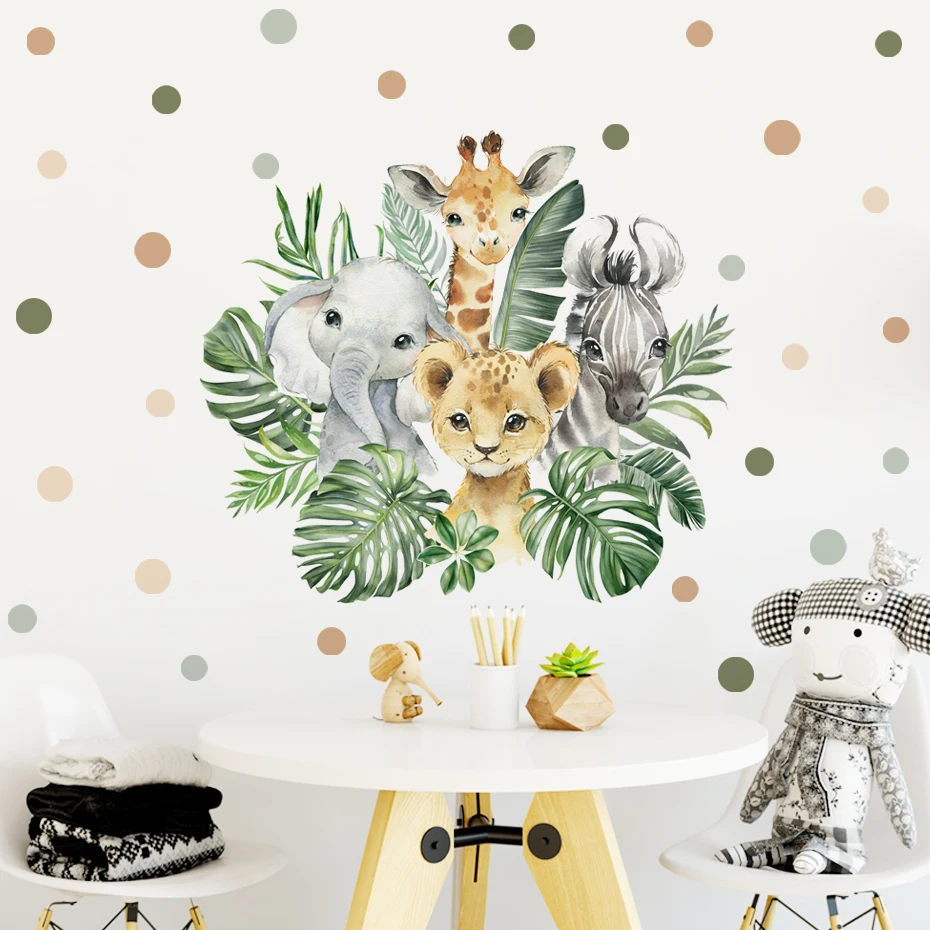 Cartoon Jungle Animals Leaves Watercolor Vinyl Wall Stickers for Kids Room Baby Nursery Room Decoration Elephant Giraffe Sticker