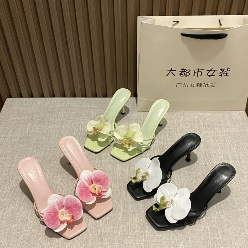 Flower Decoration Women Slippers Hawaiian Bohemian Vacation Style Women High Heel Slippers Square Head Open-toed Slippers Slides