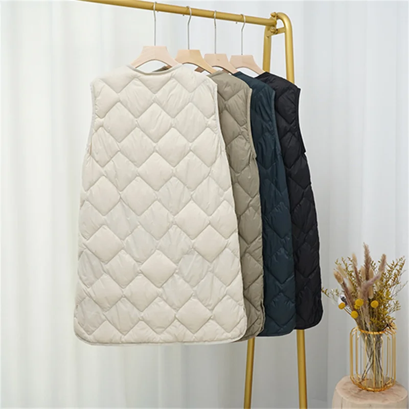 Autumn Winter Rhombic Lattice Down Waistcoat Coat Women Parkas Light Thin White Duck Down Vest Jacket Lady Sleeveless Long Tank