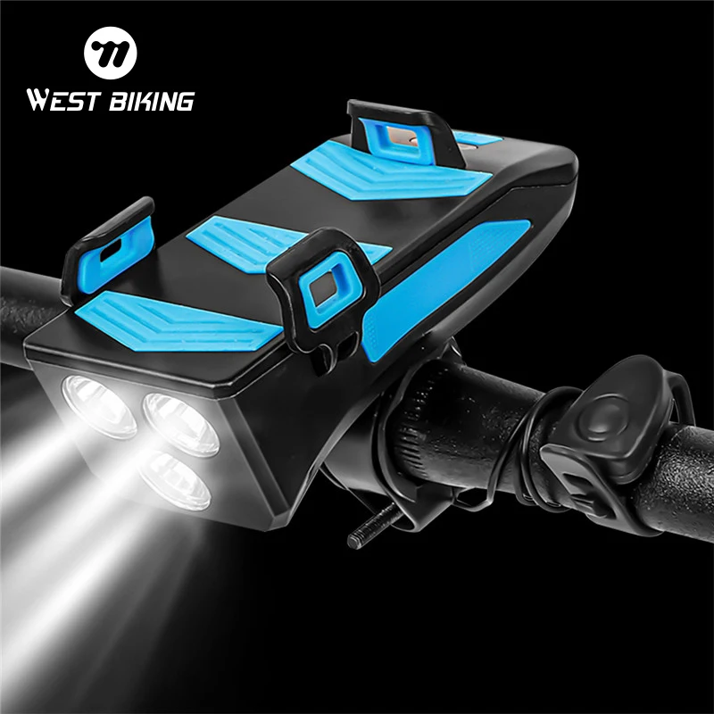 WEST BIKING-faro de bicicleta multifuncional 4 en 1, bocina, Banco de energía de 4000mAh y soporte para teléfono móvil, accesorio de seguridad para bicicleta de montaña y carretera